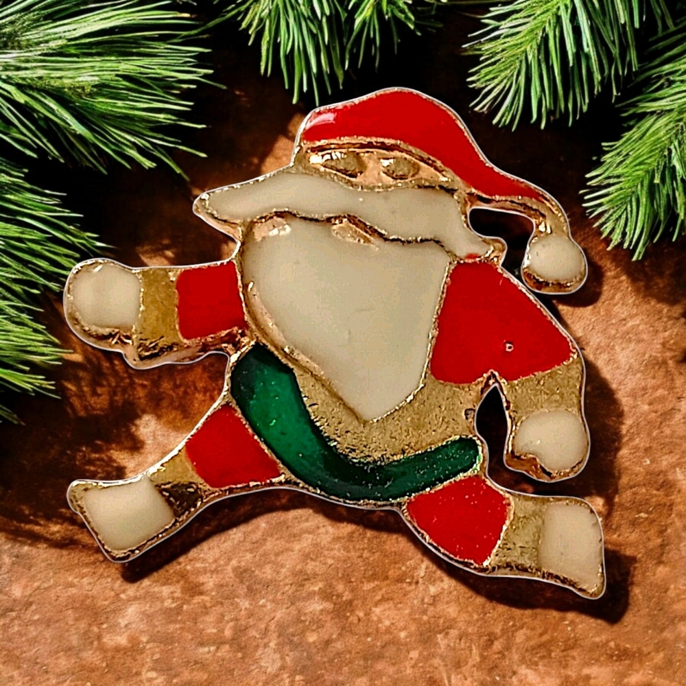 Vintage Santa Claus Pin Enameled‎ Gold Tone Christmas Holiday Mid Kris Kringle